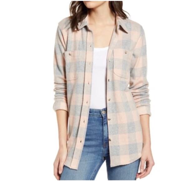 Faherty Gorpcore Legend Sweater Shirt Pink Gray Women’s Size Large Buffalo Plaid - Picture 7 of 7